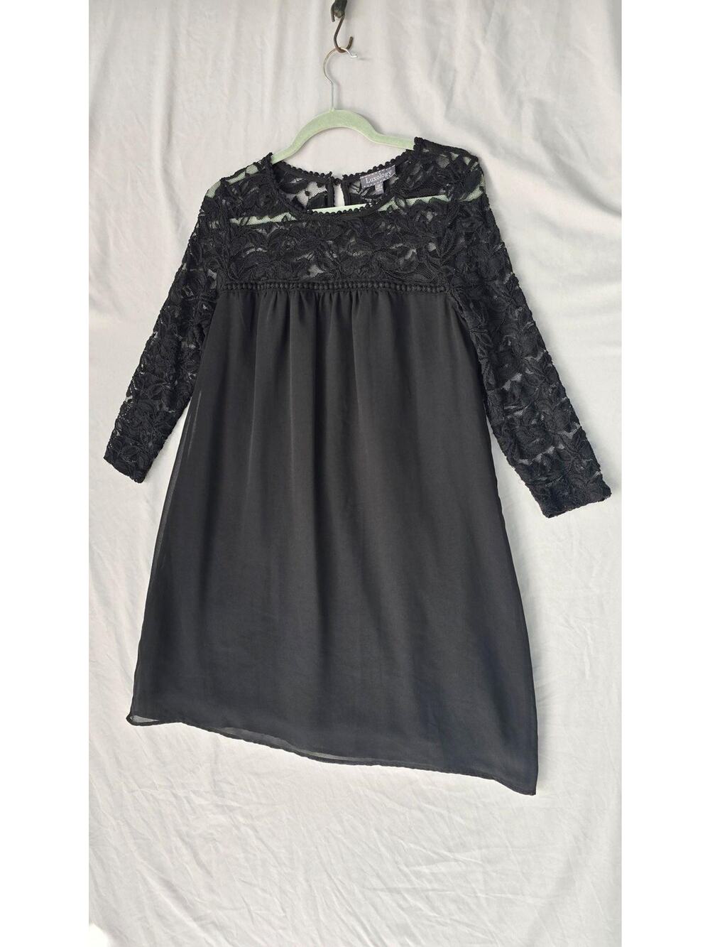 Luxology Dress Womens 10 Black Lace Yoke 3/4 Sleeve Chiffon Shift Party Lined